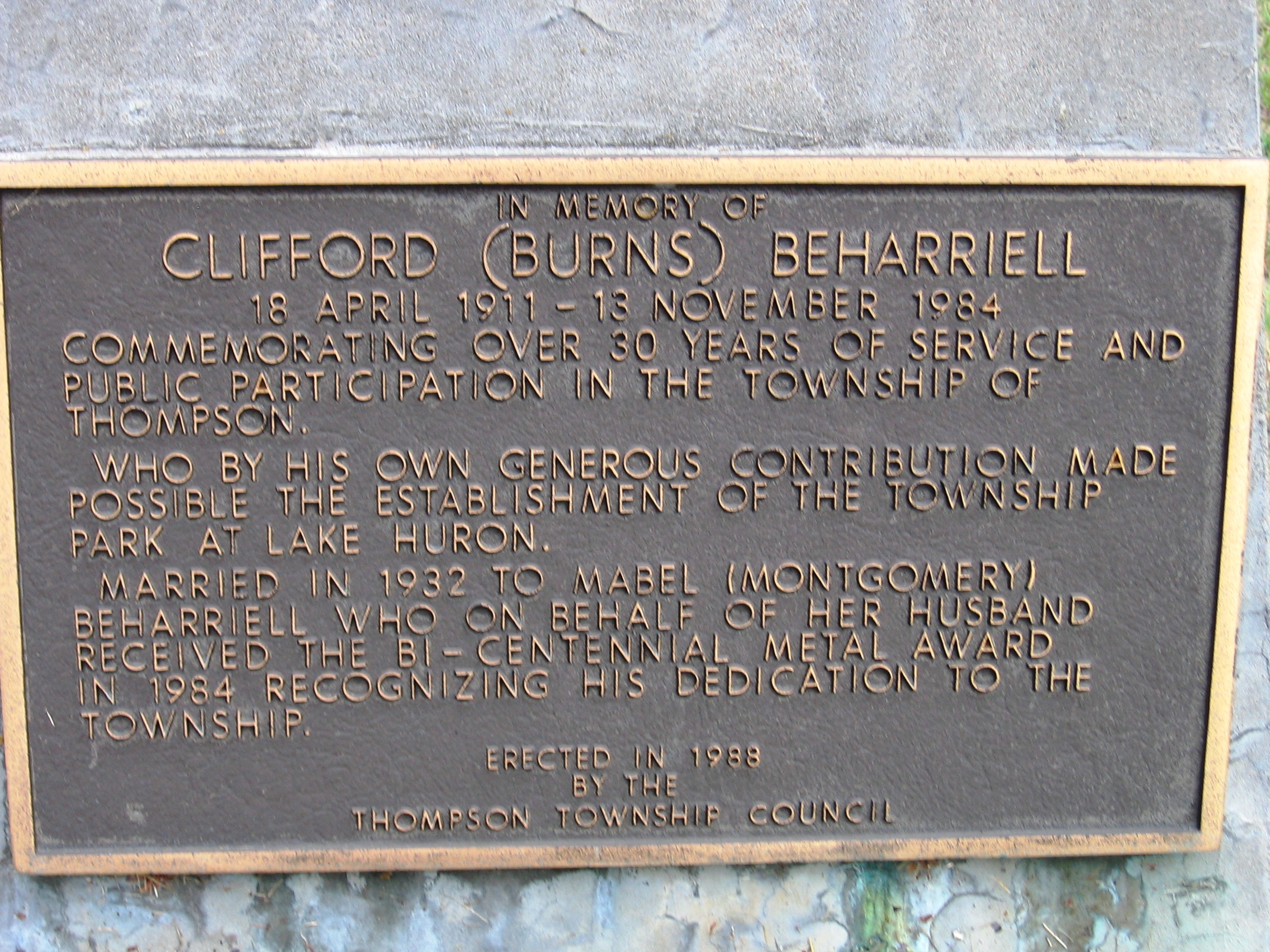 Beharriell Park Dedication Plaque