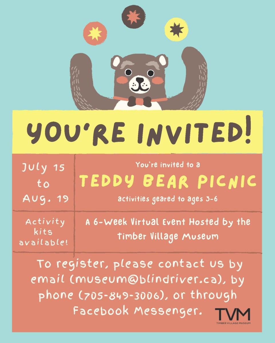 Timber Village Teddy Bear Picnic July 15 to August 19, 2021. Activities for ages 3 to 6. to register please call (705)849-3006, or email museum@blindriver.ca or Facebook Messenger