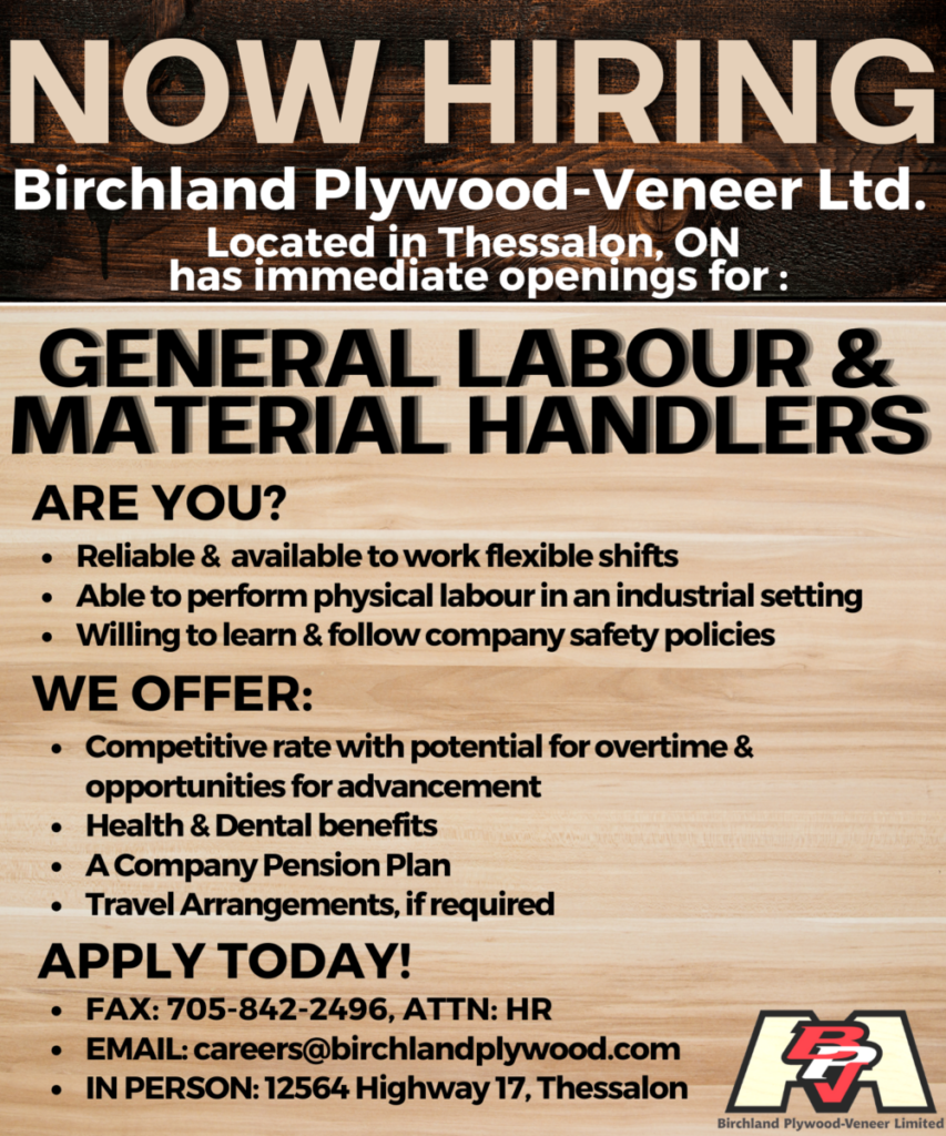 Birchland PlywoodVeneer Ltd. Now Hiring Huron Shores