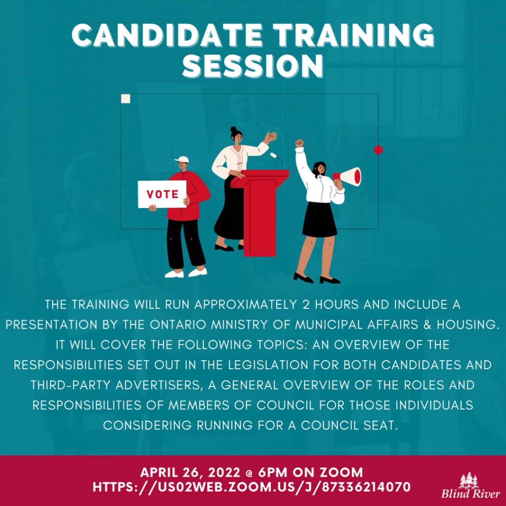 The training is approximately 2 hours and will cover the following topics: an overview of the responsibilities set out in the legislation for both candidates and third-party advertisers, a general overview of the roles and responsibilities of members of council for those individuals considering running for a council seat. 