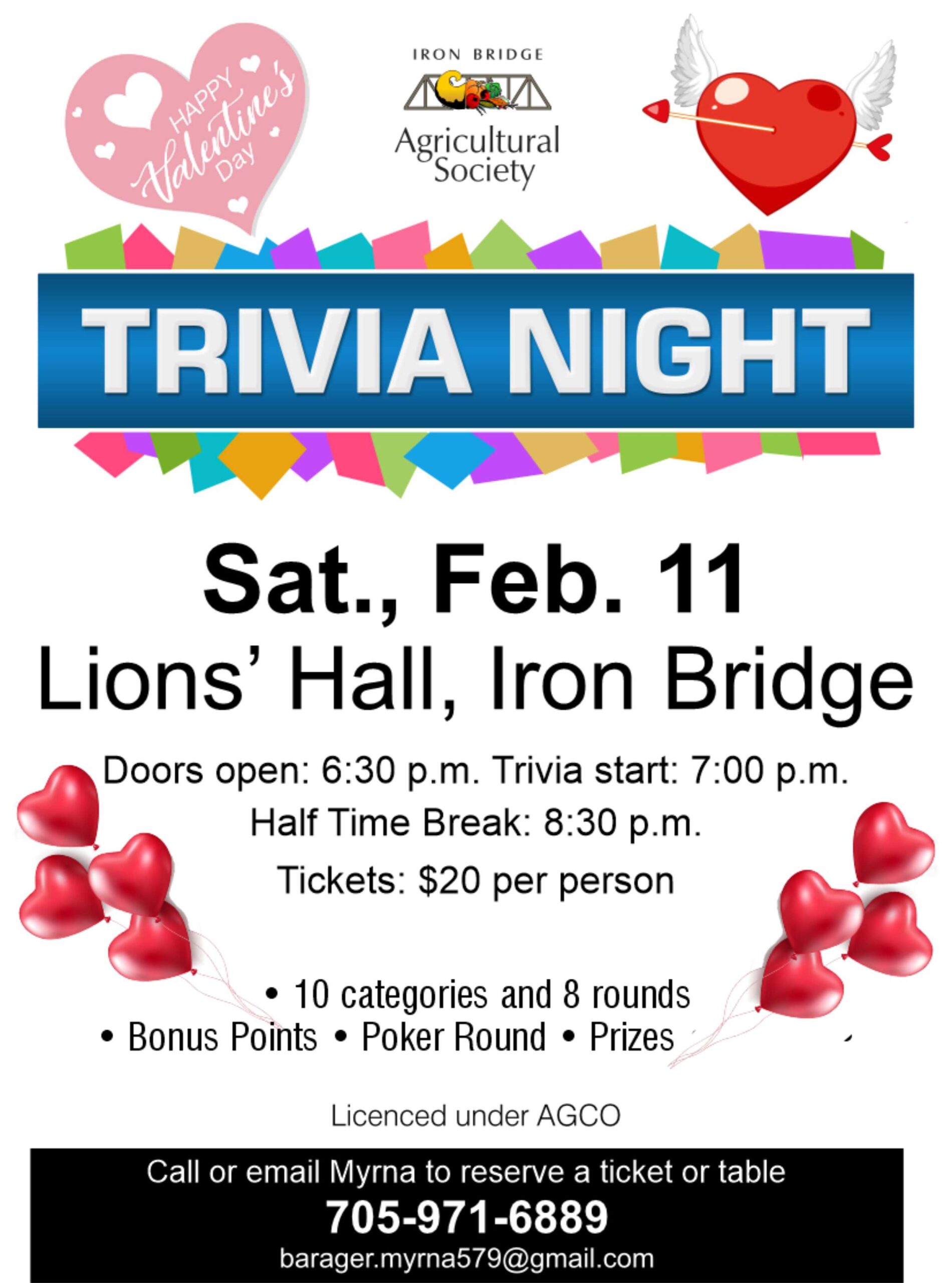 Saturday, February 11, 2023 the Iron Bridge Agricultural Society will be hosting a Trivia Night. Doors open at 6:30 p.m. trivia starts at 7:00 p.m. $ 20 per person. 10 Clarrissa Street, Iron Bridge, ON 
