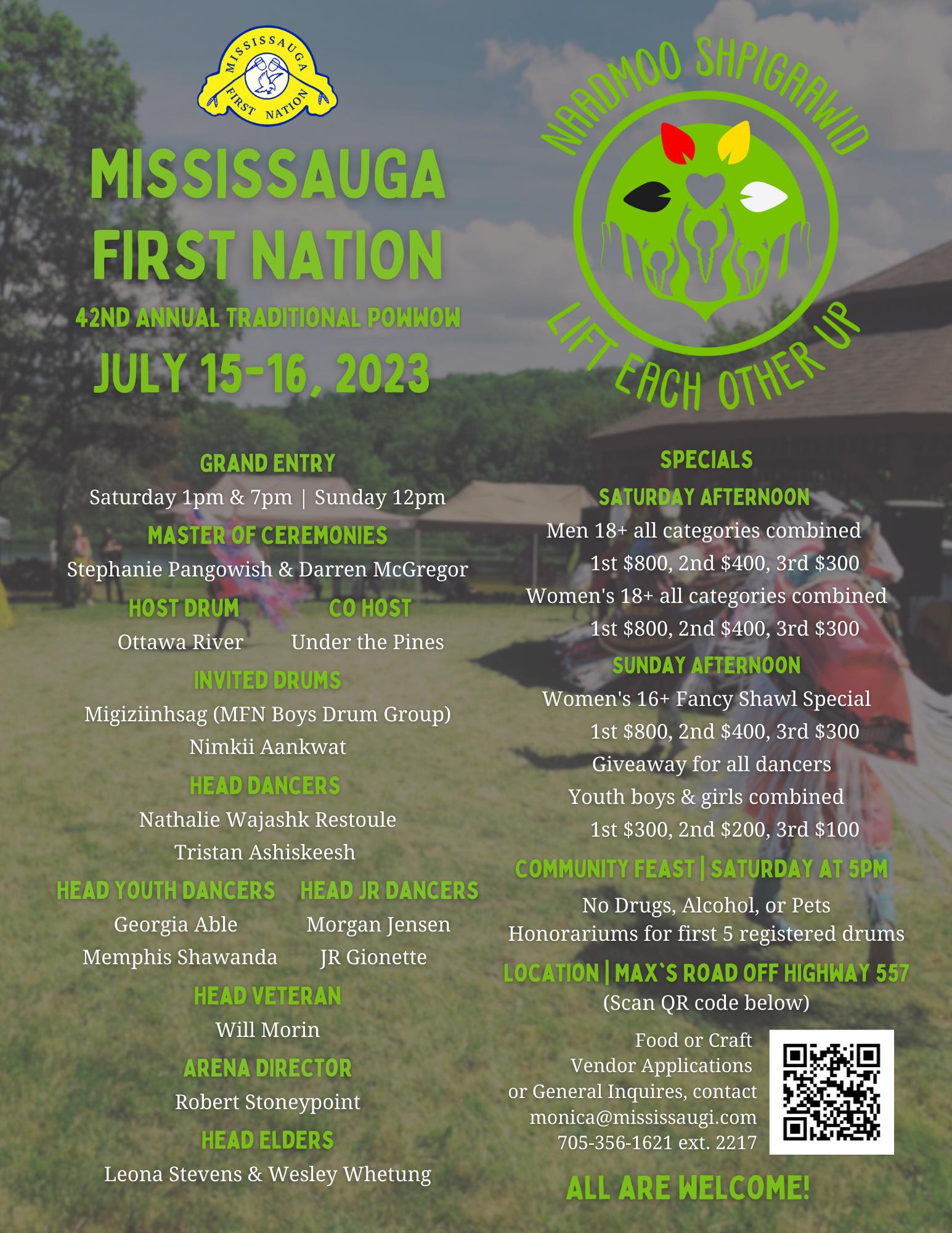 Mississauga First Nation is hosting their 42nd Annual Traditional Powwow on July 15 to 16, 2023. Grand Entry will be Saturday July 15 at 1 p.m. and 7 p.m. and Sunday ay 12 p.m. Please direct any inquires to monica@mississaugi.com or contract 705-356-1621 ext. 2217. 