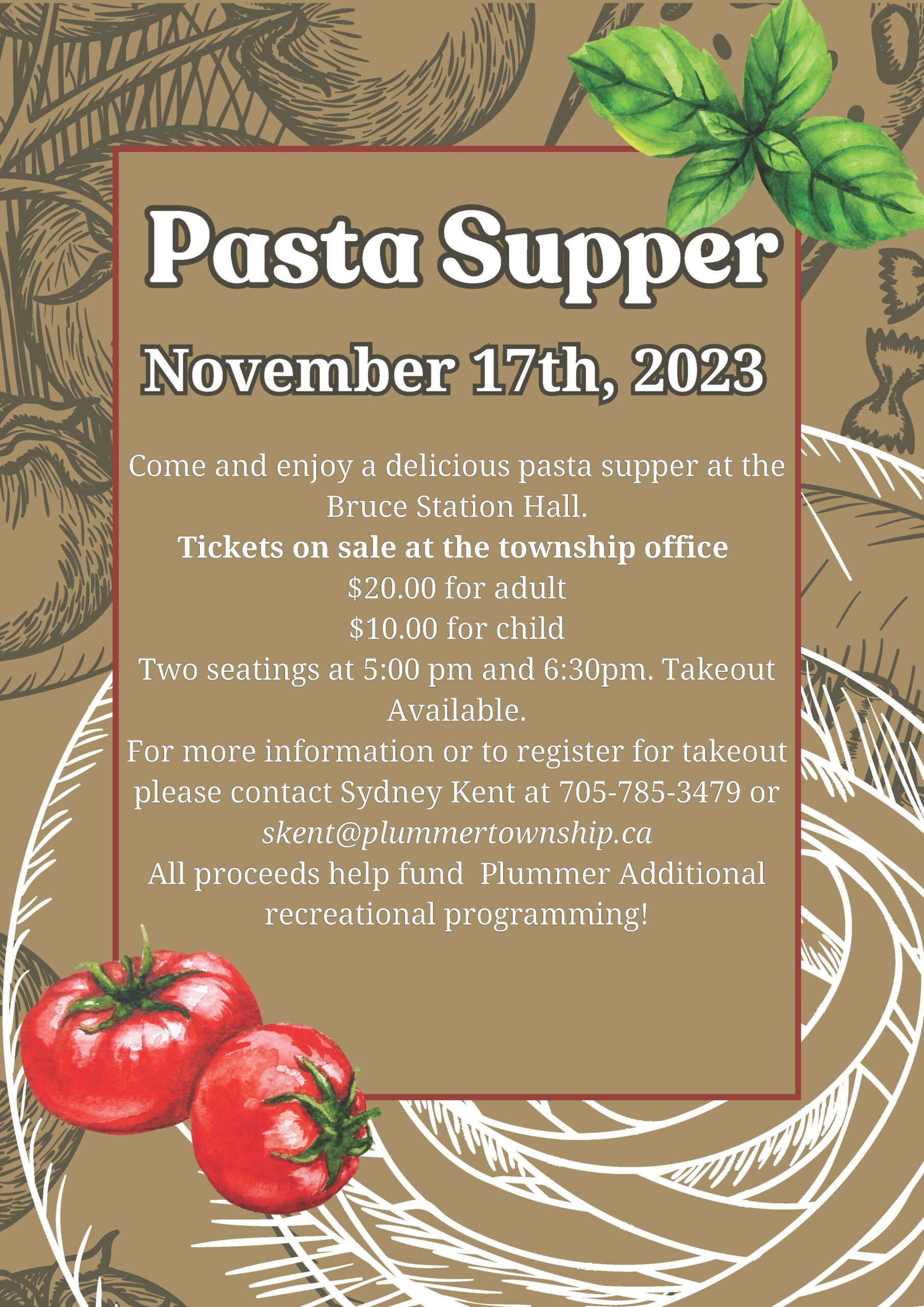 The Township of Plummer Additional will be hosting a pasta supper on Friday, November 17, 2023, located at the Bruce Station Hall (109 Station Rd, Bruce Mines, ON). Tickets on Sale at the township office; $20.00 for adult, $10.00 for child. First seating will be at 5:00 p.m., second will be at 6:30 p.m. Takeout is also available. To register for takeout, please contact Sydney Kent at 705-785-3479, or skent@plummertownship.ca. All proceeds help fund Plummer Additional Recreational Programing. 