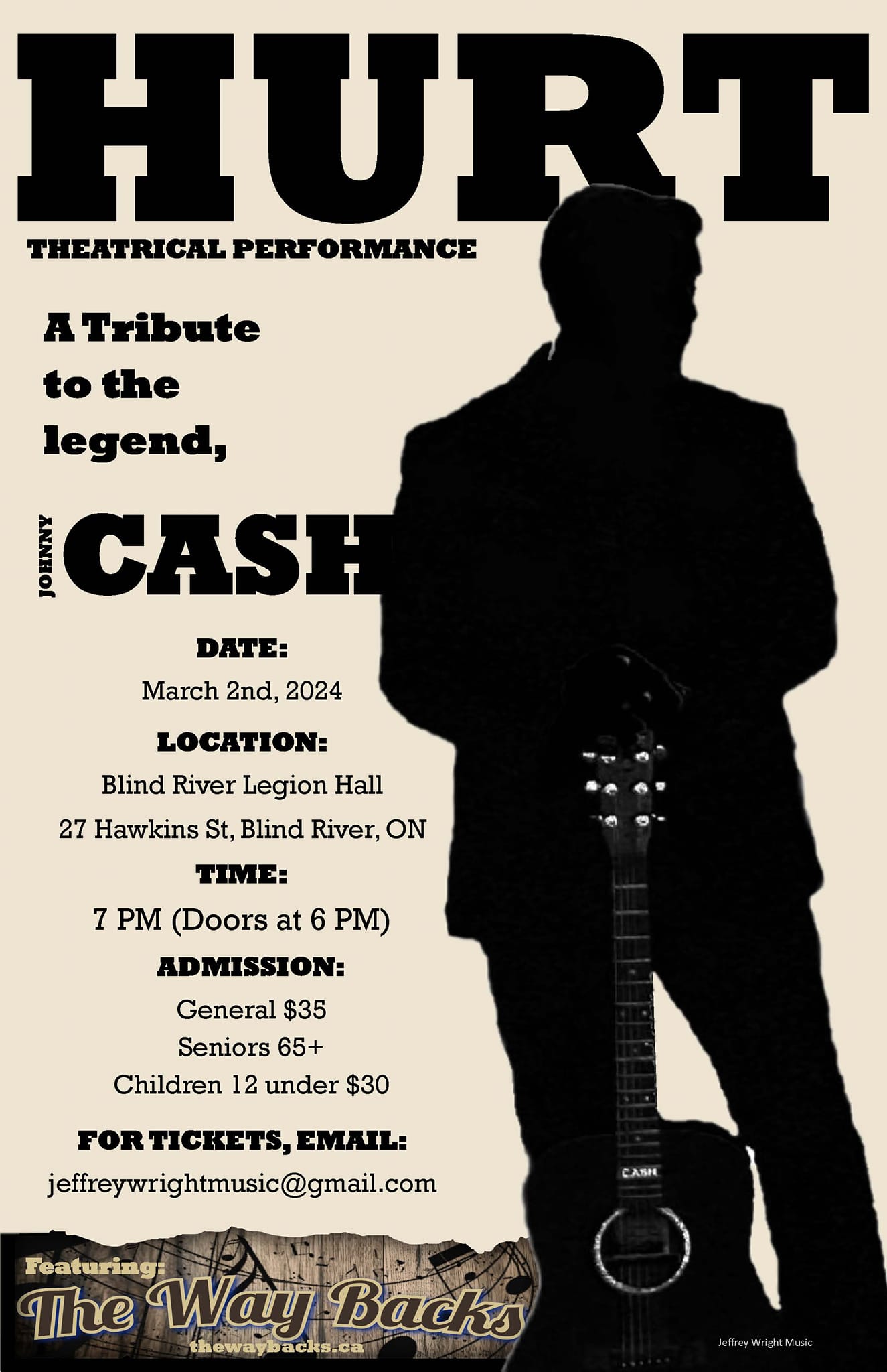 Hurt. Theatrical Performance. A tribute to the legend Johnny Cash. March 2, 2024, Blind River Legion Hall 27 Hawkins St, Blind River, ON. 7 p.m. doors open at 6:00 p.m. General Admission $35, Seniors 65 plus and children under 12 are $30. For tickets email jeffreywrightmusic@gmail.com