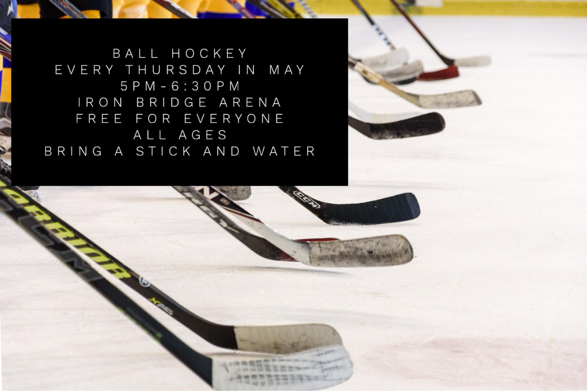 Ball Hockey every Thursday in May 5p.m. to 6:30 p.m. at the Iron Bridge Recreation Center. Free for everyone all ages. Please bring a stick and water 