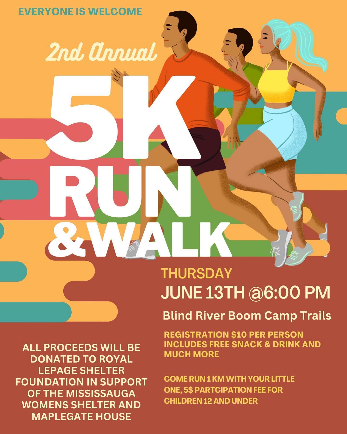 2nd Annual 5K Run and Walk. Thursday June 13, 2024 at 6 p.m. A;; proceeds will be donated to Royal Lepage Shelter. Foundation in support of the Mississauga Women's Shelter and Maplegate House 